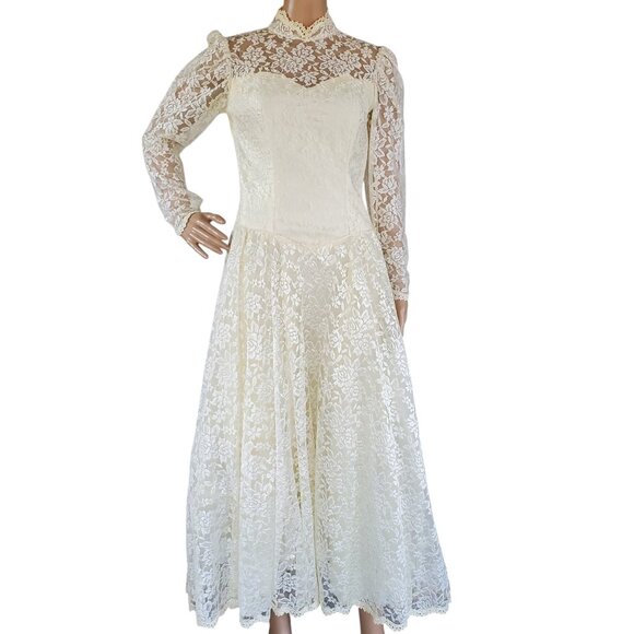 Vintage Victorian Wedding Dress XS Maxi Cream Lace Beads Tulle Lined Zip USA - Picture 1 of 15